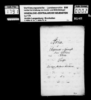 Antonio Sacchini: Aria / à / Soprano o Traverso; / Duoi Violini / Viola / e Basso; / Del Sig. A. Sacchini / (Dopo un tuo sguardo ingrata).