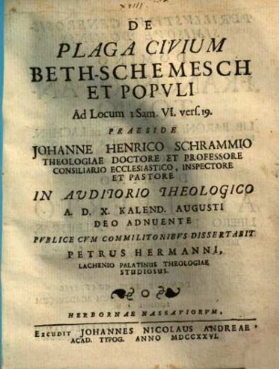 De plaga civium Beth-schemesch et populi, ad locum 1 Sam. VI. vers. 19