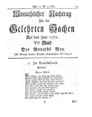 Monathlicher Nachtrag [...] Auf das Jahr 1778. Vtes Stück Des Monaths May