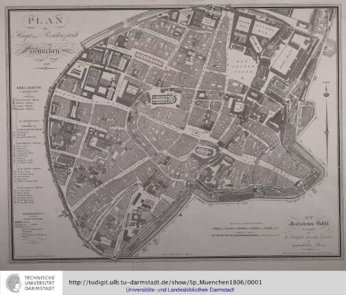 Plan der Haupt- und Residenzstadt München 1806. [Links unten:] Aufgenommen vom Ingenieur-Geographe Oberlieutenant Jos: Gonsoni. [Mitte unten:] Gezeichnet von T: Green Königl: baier: Dessinateur. [Rechts unten:] Auf allerhöchsten Befehl hrsg. von der Königlich baierischen Direction des topographischen Bureau. Gestochen in München von J. Carl Schleich Königlich: baierischem topographischen Kupferstecher