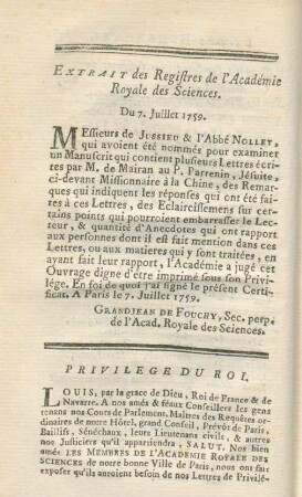 Extrait des Registres de l' Académie Royale des Sciences