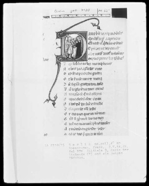 Roman de la Rose & Rosenroman — Initiale D, darin der Liebende? und ein junges Mädchen, Folio 53verso