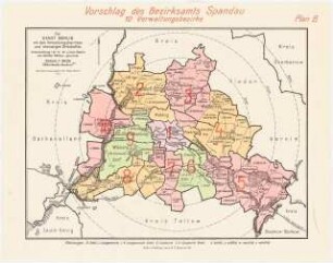 Übersichtskarte mit Kenneichnung der Verwaltungsbezirke, Berlin: Übersichtsplan mit Kennzeichnung der Verwaltungsbezirke - Plan B -, Vorschlag des Bezirksamtes Spandau 1:180000