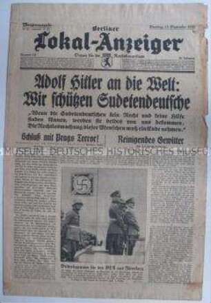 Tageszeitung "Berliner Lokal-Anzeiger" aus dem Vorfeld des Münchener Abkommens