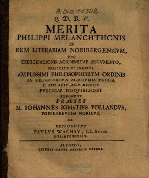 Merita Philippi Melanchthonis In Rem Literariam Noribergensivm