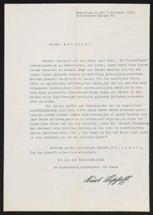 Brief von Kurt Bischoff an Gerhart Hauptmann