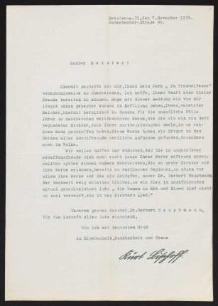 Brief von Kurt Bischoff an Gerhart Hauptmann