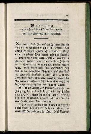 Warnung vor den heimlichen Sünden der Unzucht. Aus dem Reisebuch eines Jünglings.