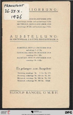 Versteigerung: Dienstag, den 26. Oktober 1926, Mittwoch, den 27. Oktober 1926