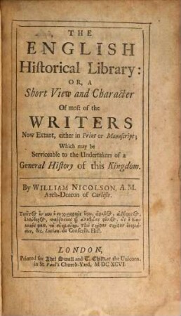 The English historical library, 1. (1696). - 294 S.