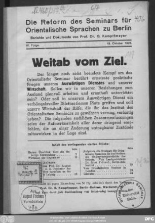 Folge 4: Die Reform des Seminars für orientalische Sprachen zu Berlin : Berichte und Dokumente