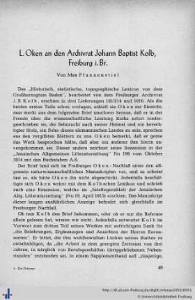 L. Oken an den Archivrat Johann Baptist Kolb, Freiburg i. Br.