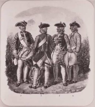 Tamboure Sächsischer Infanterieregimenter v.l. von Römer 1738; Graf Brühl 1742; Prinz Xaver 1742; Leibgarde zu Fuß 1738