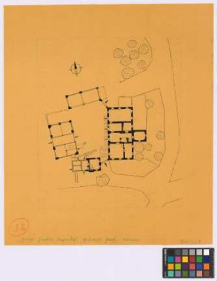 Reyersdorf ([Landkreis Habelschwerdt]): Hof Jaschke. Lageplan mit. - Haupthaus (Grundriss). - Auszüglerhaus (Grundriss). - Scheune (Grundriss). - Schuppen (Grundriss)