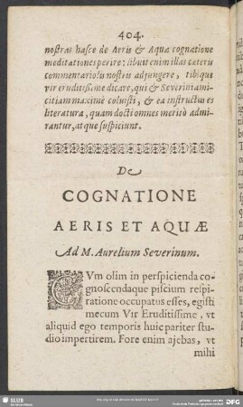 De Cognatione Aeris Et Aquae Ad M. Aurelium Severinum