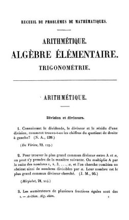 Recueil de Problemes de Mathèmatiques. Arithmétique. Algèbre Élémentaire.