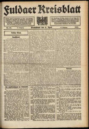 Erste Ausgabe vom Samstag, den 08. April 1911.