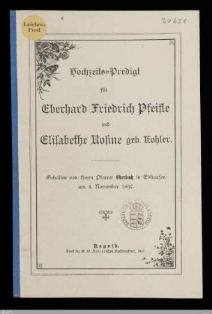 Hochzeits-Predigt für Eberhard Friedrich Pfeifle und Elisabethe Rosine geb. Kohler