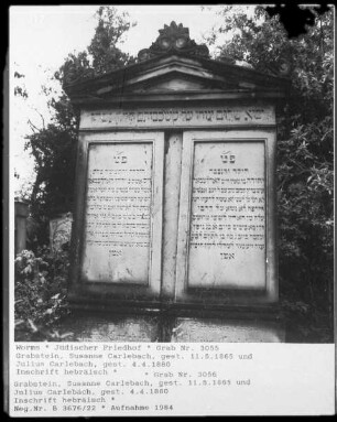 Grabstein der Susanne Carlebach (gestorben 1865.05.11) und des Julius Carlebach (gestorben 1880.04.04)