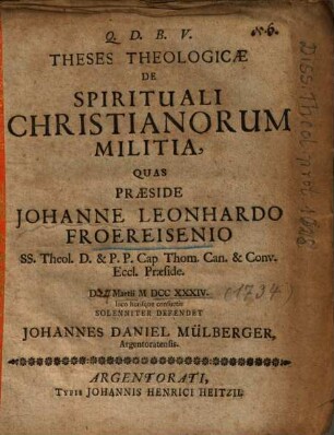 Theses Theologicae De Spirituali Christianorum Militia