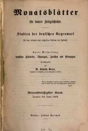 Monatsblätter für innere Zeitgeschichte : Studien d. deutschen Gegenwart für d. socialen u. religiösen Frieden d. Zukunft, 31. 1868