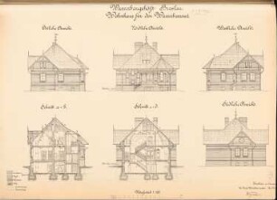 Großschiffahrtsweg, Breslau Wasserbaugehöft: Wohnhaus: Ansichten, Schnitte 1:100