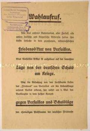 Programmatischer Wahlaufruf der Nationalliberalen Vereinigung zur Unterstützung der Liste Maretzky / von Lersner