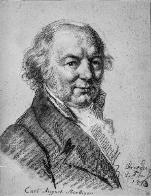 Bildnis Carl August Boettiger : Vogel von Vogelstein,Carl (1788-1868). Karl August Böttiger (1760-1835; Archäologe, Philologe). Zeichnung, weiß gehöht; 23,0 x 17,7 cm, 1813