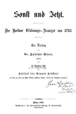 Sonst und Jetzt : der Berliner Wohnungs-Anzeiger von 1713 ; ein Vortrag