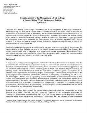 Considerations for the management of oil in Iraq