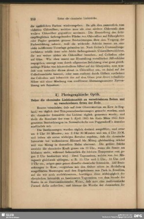 2) Photographische Optik. Ueber die chemische Lichtintesität zu verschiedenen Zeiten an verschiedenen Orten der Welt