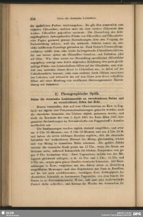 2) Photographische Optik. Ueber die chemische Lichtintesität zu verschiedenen Zeiten an verschiedenen Orten der Welt