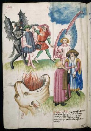 Kapitelillustration "Neid und Hass" (Invidia): (1) zwei vom Teufel getriebene Männer über dem Höllenschlund; (2) zwei unter blauem Himmel und unter dem Schutz eines Engels stehende Männer im Gespräch.