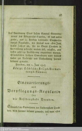 [Einquartierungs-Regulativ, Dresden, den 1. Juni 1815]