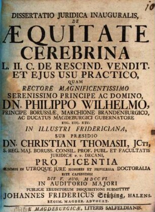 Dissertatio Juridica Inauguralis, De Æquitate Cerebrina L. II. C. De Rescind. Vendit. Et Ejus Usu Practico
