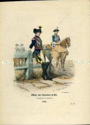 Uniformdarstellung, Offizier der Königlichen Kürassiere des 7. Kavallerie-Regiments, Frankreich, 1786.