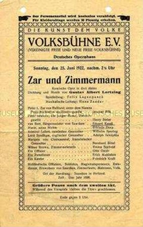Theaterprogramm der Volksbühne e.V. (Vereinigte freie und neue freie Volksbühne) für "Zar und Zimmermann" von Gustav Albert Lortzing