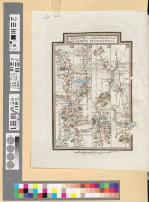 Reise Atlas von Bajern oder Geographisch-geometrische Darstellung aller bajrischen Haupt- und Landstraßen mit den daranliegenden Ortschaften und Gegenden : nebst Kurzer Beschreibungen alles dessen, was auf und an einer jeden der gezeichneten Straßen für den Reisenden merkwürdig seyn kann. [Gewidmet] Joseph August Grafen von Toerring, 65. Chaussée Von Neumarkt Über Dingolfing Regensburg Zu