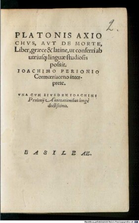 Platonis Axiochus aut de morte : Liber graece & latine