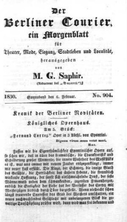 No. 904, Sonnabend den 6. Februar 1830