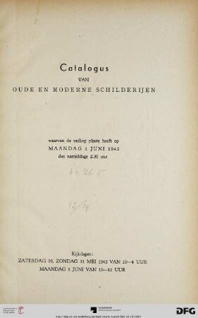 Catalogus van oude en moderne schilderijen : veiling 1 juni 1942