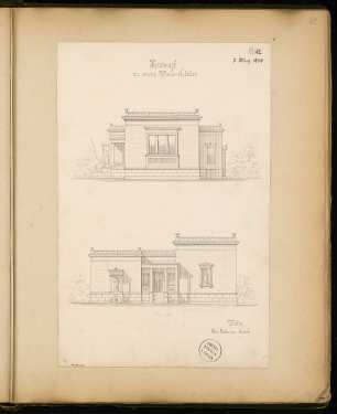 Maleratelier Monatskonkurrenz März 1874: Aufriss Vorderansicht, Seitenansicht 1:100