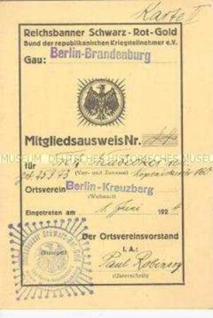 Mitgliedskarte des Reichsbanners Schwarz-Rot-Gold von Fritz Neubecker (Karte II)