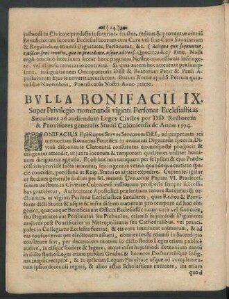 Bulla Bonifacii IX. Super Privilegio nominandi viginti Personas Ecclesiasticas ...