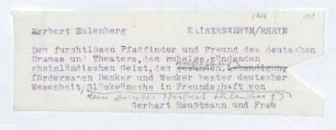 Brief von Gerhart Hauptmann an Herbert Eulenberg