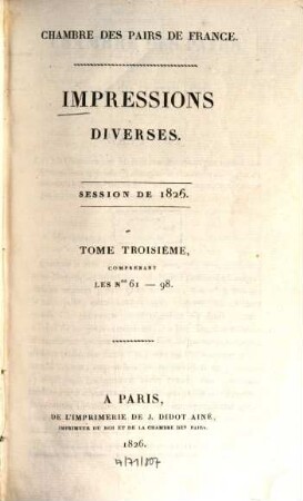 Impressions diverses : session ... 1826,3 = Nr. 61 - 98