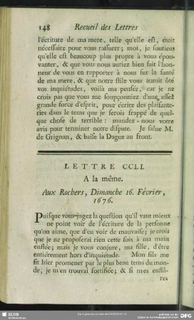 Lettre CCLI. A la même. Aux Rochers, Dimanche 16. Février, 1676