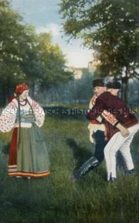 Ringende Männer und Mädchen in kleinrussischer Volkstracht (zweisprachig)