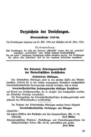 Verzeichnis der Vorlesungen. Winterhalbjahr 1939/40.