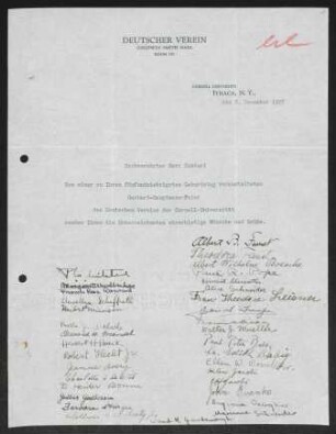 Brief von Albert Bernhard Faust, Theodora Faust, Albert Wilhelm Boesche, Paul R... Pope, Theodora Faust und Unbekannt von Cornell University / Deutscher Verein  an Gerhart Hauptmann
